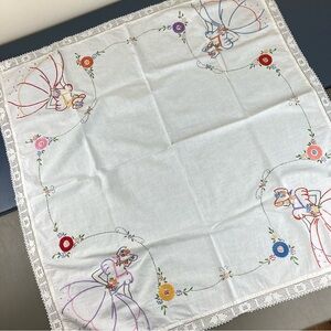 Vintage Hand Embroidered Linen & Lace Tablecloth Crinoline Ladies in Hoop Skirts